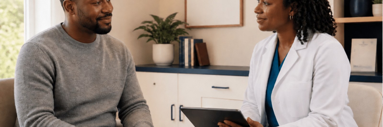 A man in conversation with a clinician in a white coat, seated facing each other in a consulting room