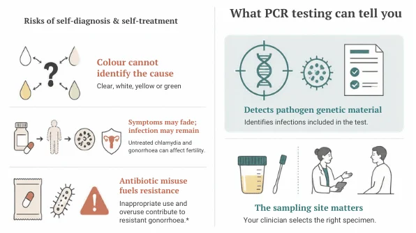 Two-panel diagram. On the left, risks of self-diagnosis and self-treatment: colour cannot identify the cause, since discharge may be clear, white, yellow or green; symptoms may fade while the infection remains, and untreated chlamydia and gonorrhoea can affect fertility; and antibiotic misuse fuels resistance, because inappropriate use and overuse contribute to resistant gonorrhoea. On the right, what PCR testing can tell you: it detects pathogen genetic material and identifies infections included in the test, and the sampling site matters because your clinician selects the right specimen.