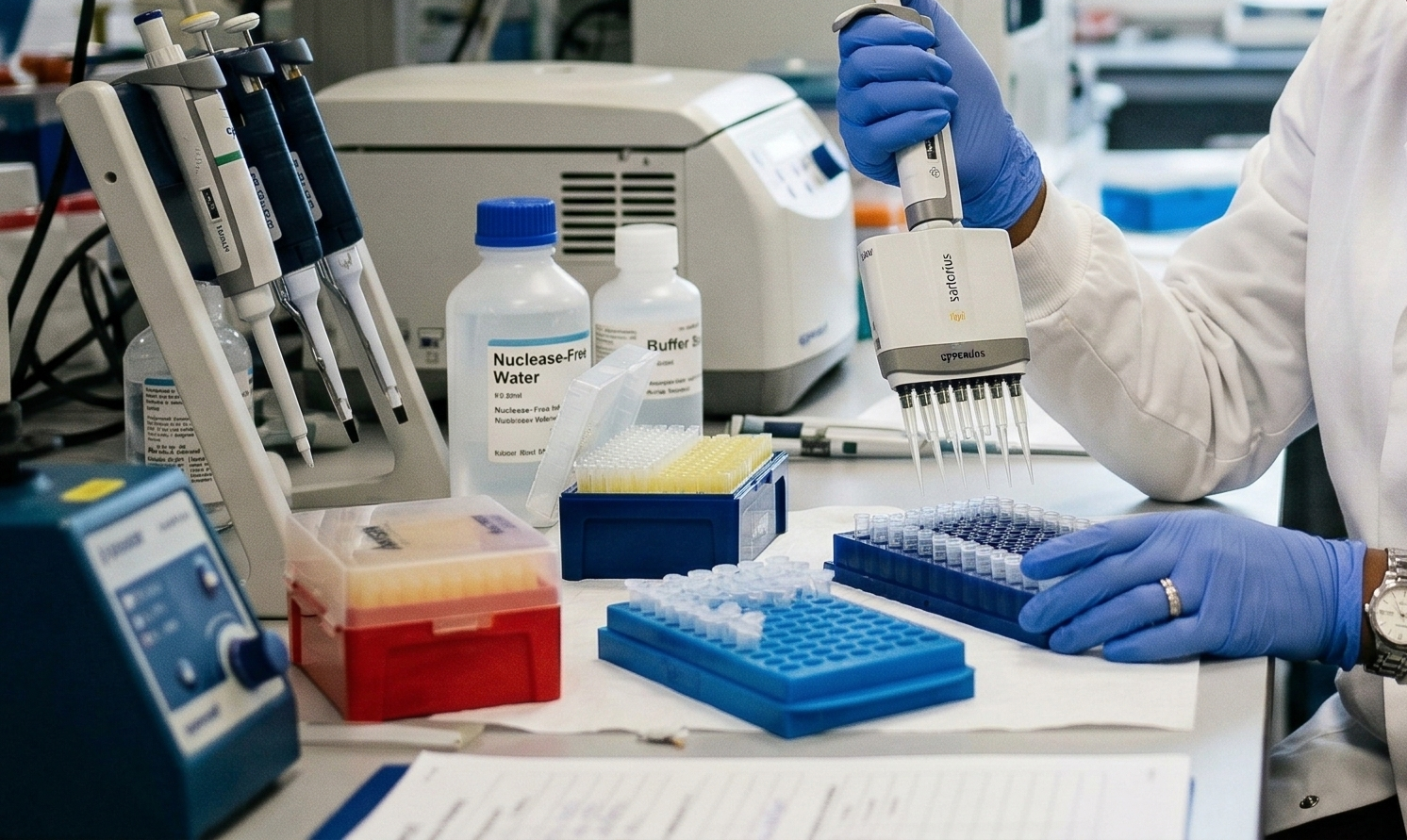Gloved hands operating a multichannel pipette during laboratory sample processing