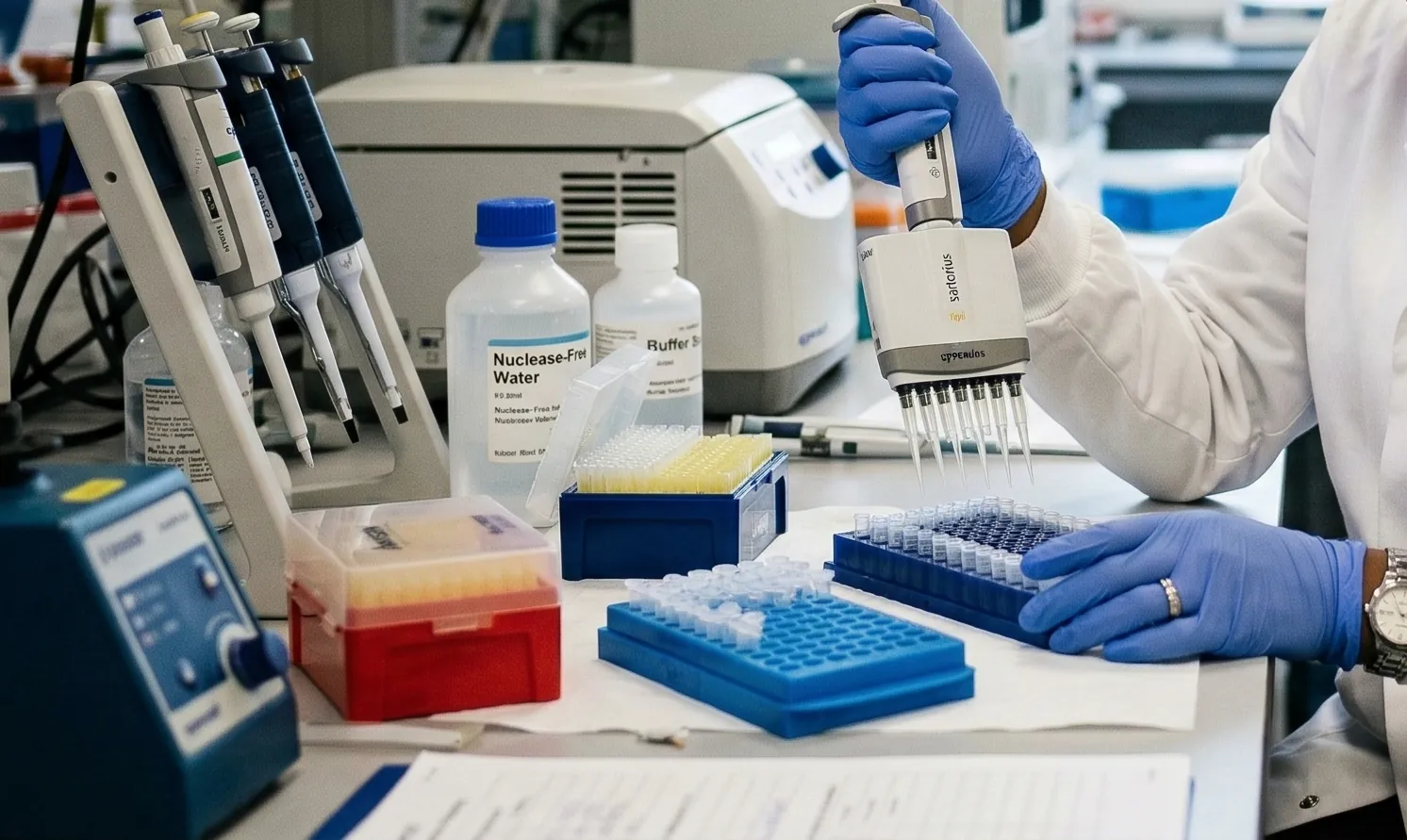Gloved hands operating a multichannel pipette during laboratory sample processing