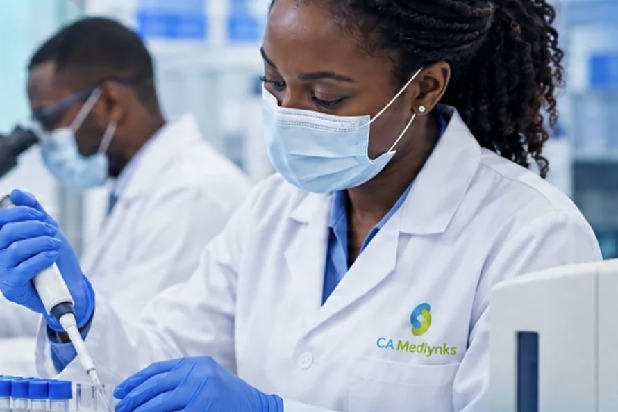 CA Medlynks laboratory scientists preparing samples for testing